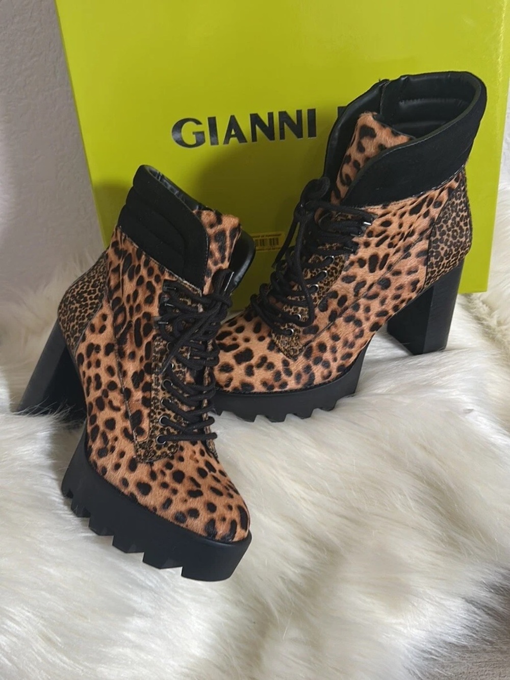 Gianni Bini Leopard Print Lace-Up Platform Ankle Boots - Tan/Black